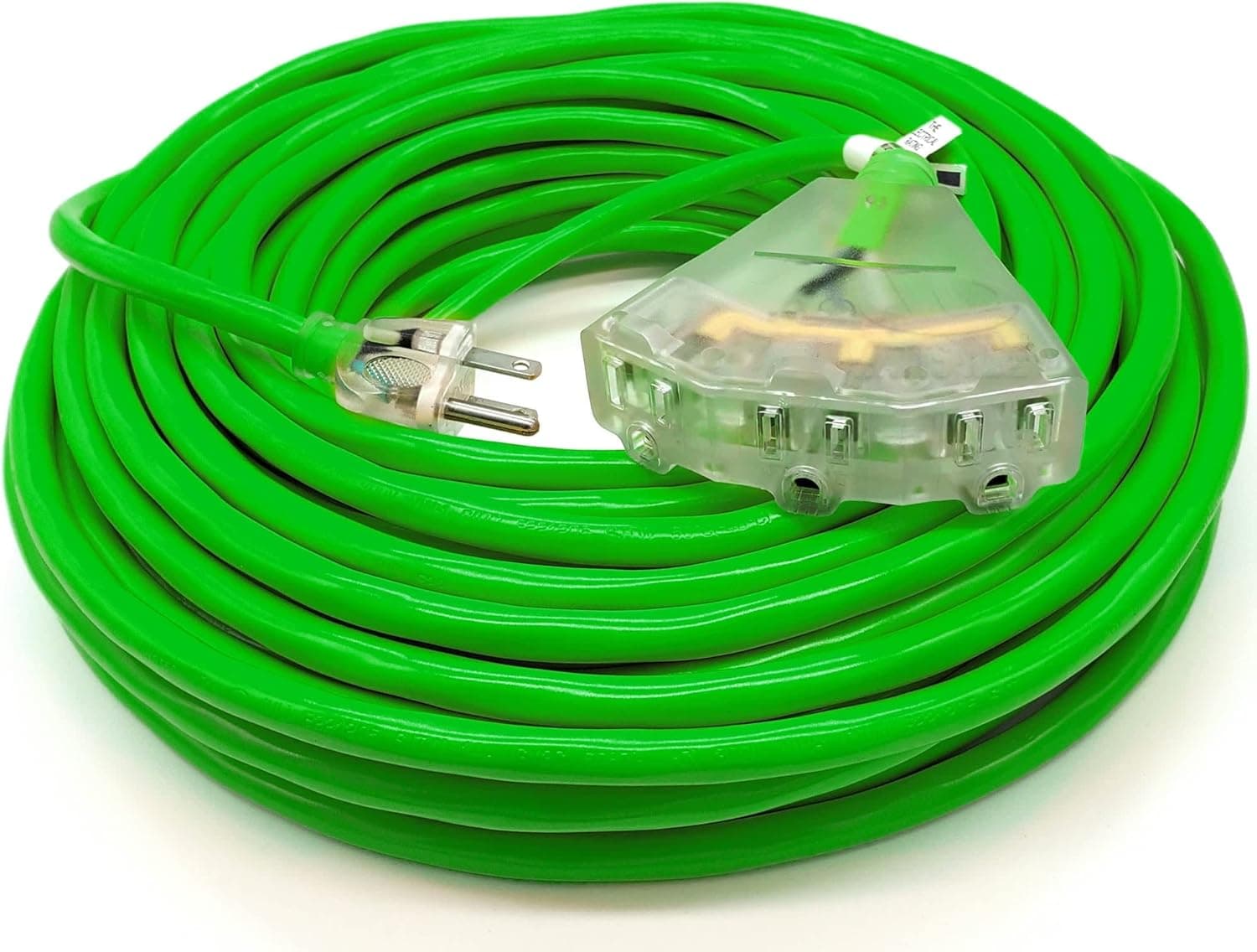 100 ft - 14 Gauge Heavy Duty 3-Outlet Lighted SJTW Indoor/Outdoor Green Extension Cord by Watt's Wire - Long 100' 14-Gauge Grounded 13-Amp Power-Cord (100 Foot 14-Awg Green)