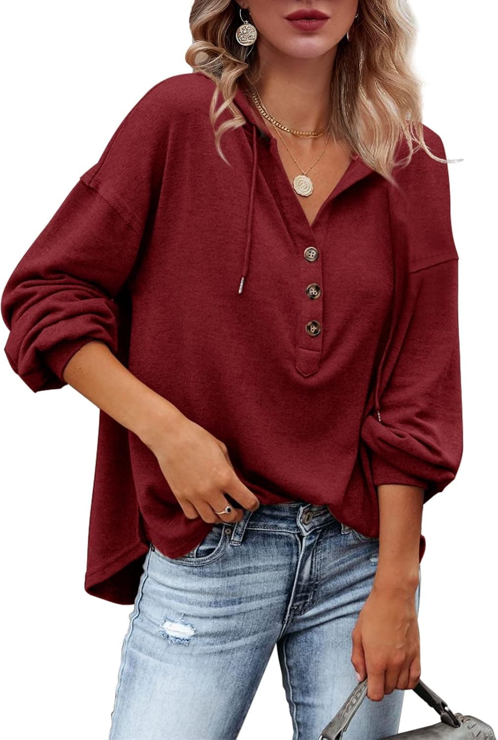 Tutorutor Womens Oversized Long Sleeve Sweatshirts Hoodies Pullover Tops Fashion V Neck Button Down Henley Shirts