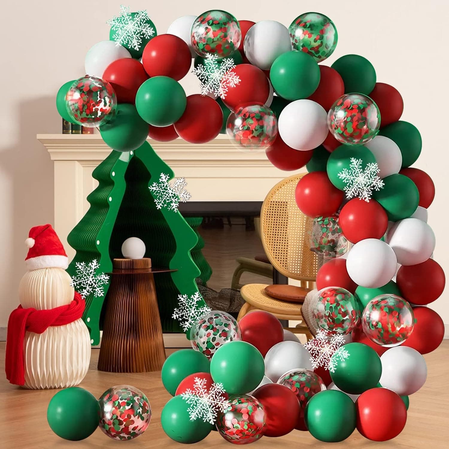 Merry Christmas Balloons Arch Garland Kit, 114 Pieces Christmas Red White Green Confetti Balloons with Hanging Snowflakes for New Year Xmas Color Themed Party Supplies