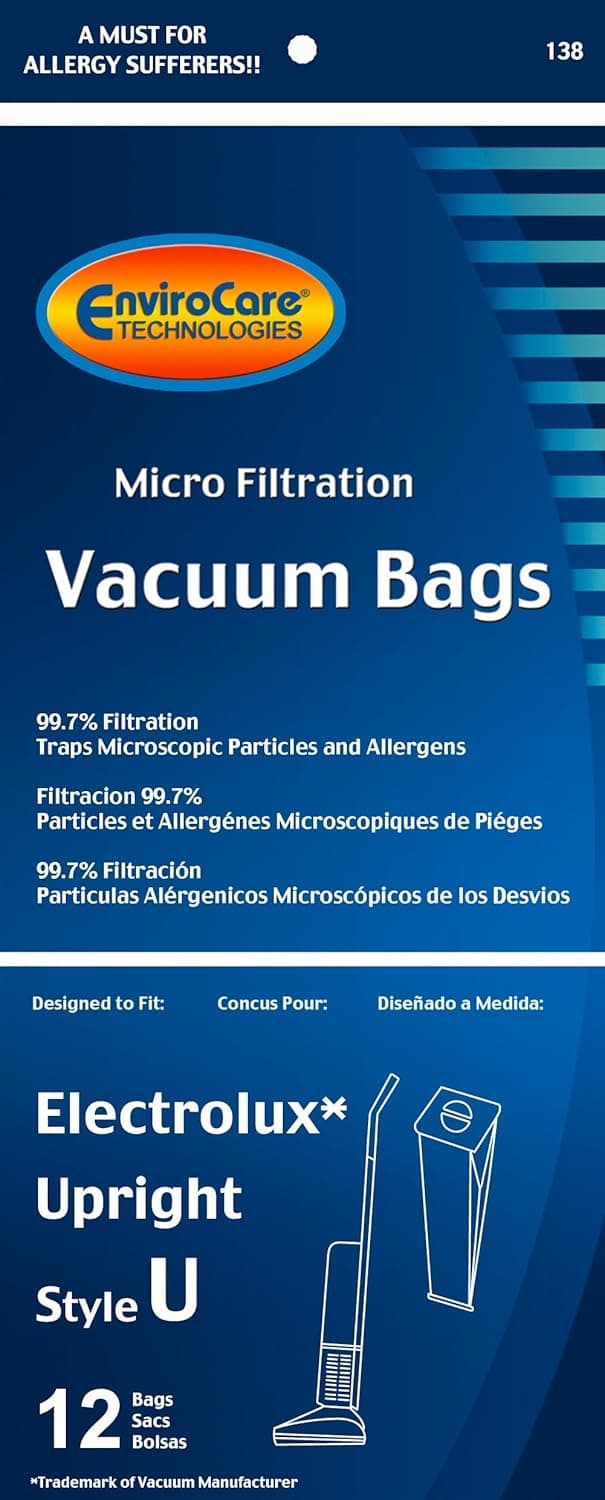EnviroCare Replacement Micro Filtration Vacuum Cleaner Dust Bags made to fit Electrolux Upright Style U and ProTeam Prolux, ProCare & ProForce Uprights 12 pack