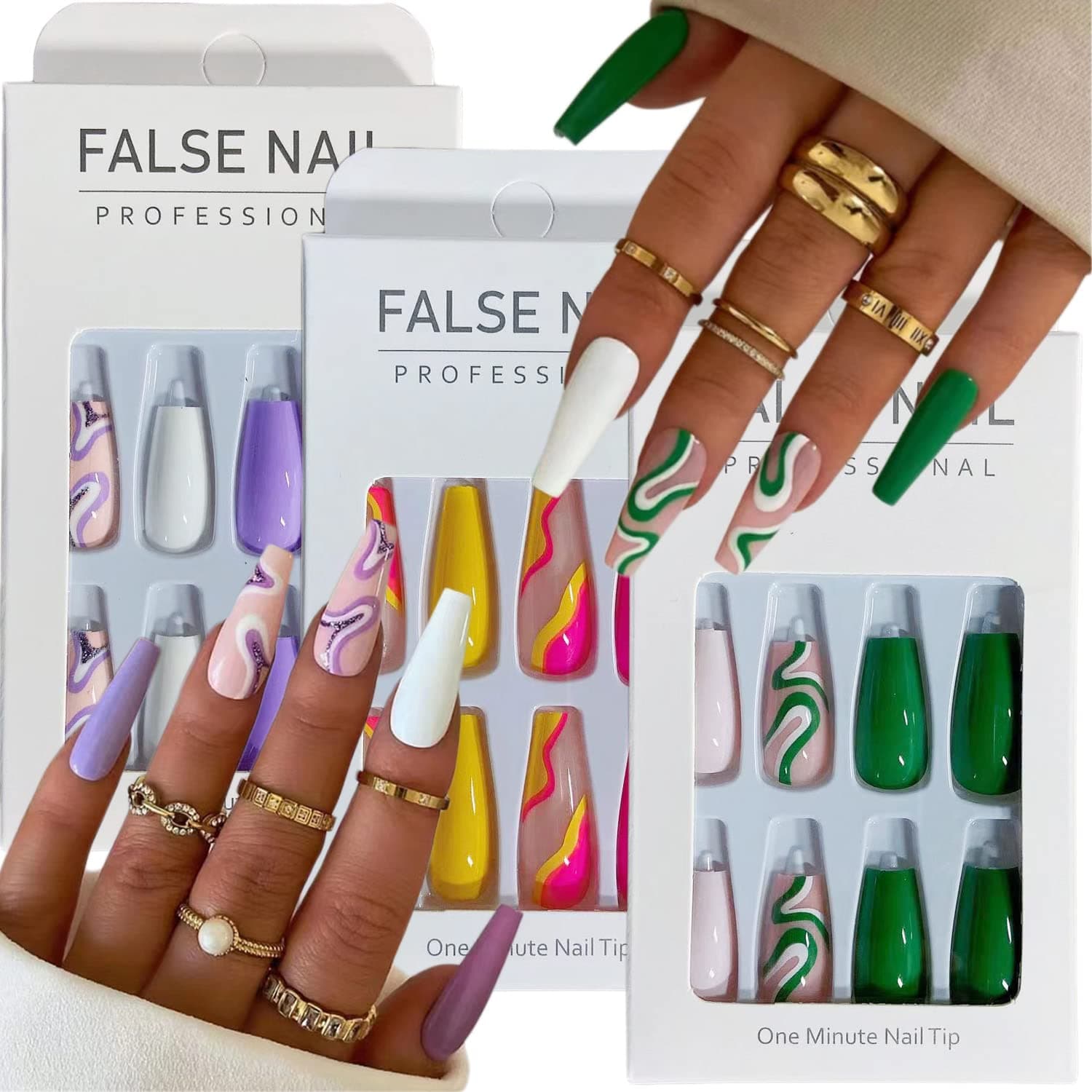 3Packs (72Pcs) Press on Nails Medium Full Cover Coffin Fake Nails Medium Length Glossy Stick on Nails French False Nails with Colorful Stripes Designs Acrylic Nails for Women and Girls