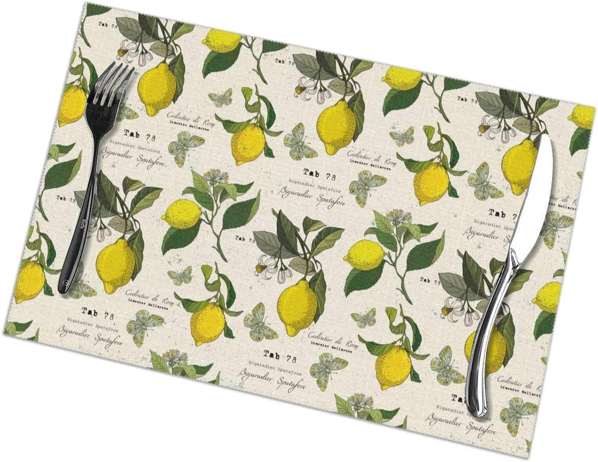 Yellow Lemon Placemats for Dining Table Set of 6 Lemon Leaves Table Mats Kitchen Decor Lemon Place Mats Washable Funny Lemon Beige Placemats Farmhouse Placemats 12 X 18 Inch