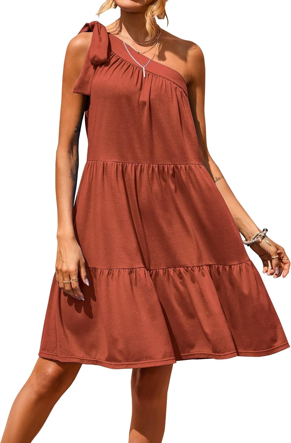 KIRUNDO 2023 Women's Summer Dresses One Shoulder Ruffle Hem A Line Flowy Mini Dress