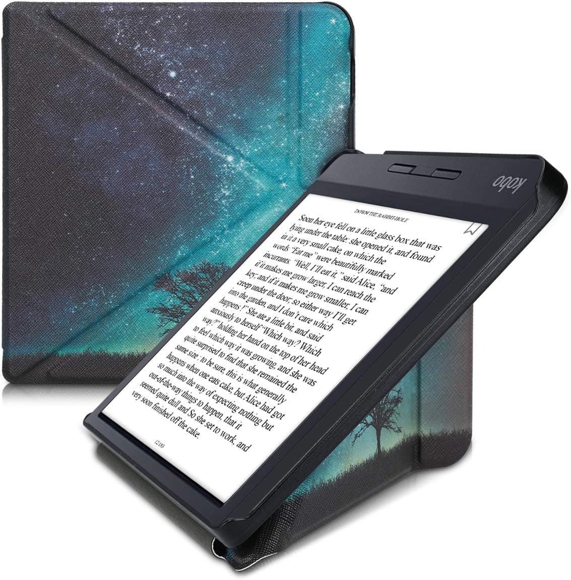 kwmobile Origami Case Compatible with Kobo Libra H2O - Case Slim Premium PU Leather Cover with Stand - Cosmic Nature Blue/Grey/Black
