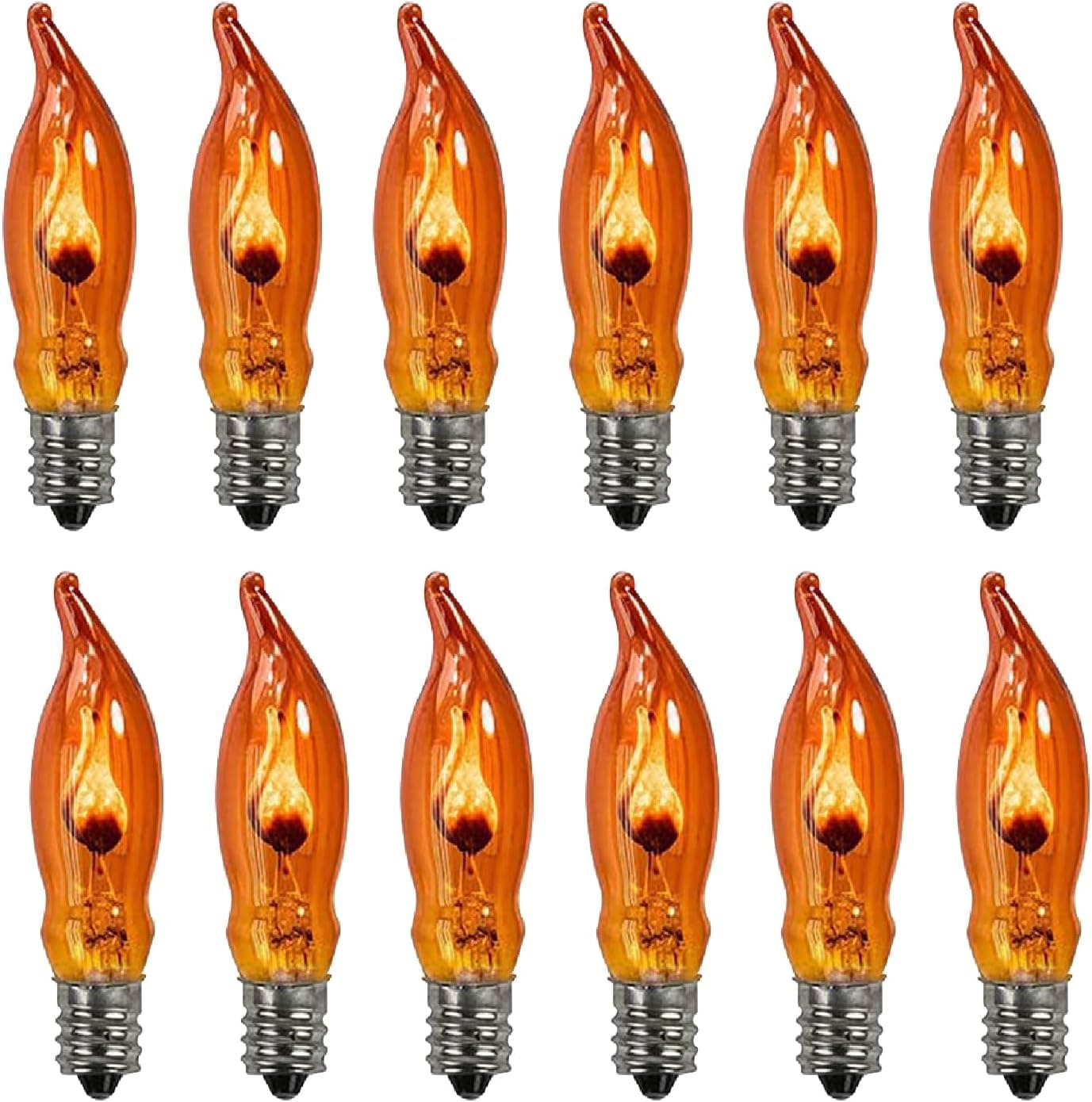 Dr.BeTree 12 Pack Flicker Light Bulbs, C18 Flame Bulb 1W Each Fits C7/E12 Screw Base, Orange Flame Tip Candelabra Replacement Bulbs with a Flickering-Orange