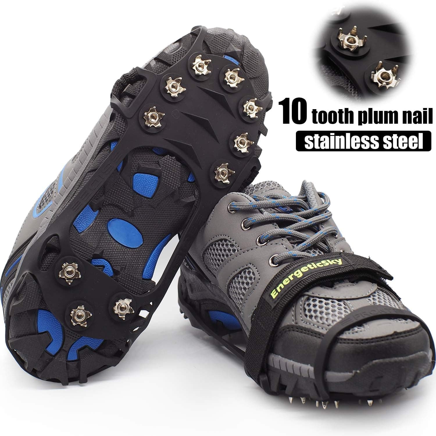 Crampons-10 Teeth Stainless Steel Anti Slip Ice Cleats,Micro Spikes Ice Snow Grips Traction Cleats System Safe Protect for Walking,Suitable for Walking on Ice,Jogging or Daily Life use. (Black, L)