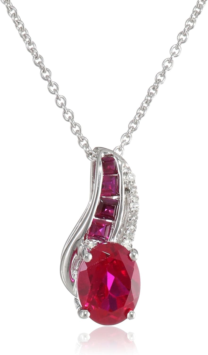 Amazon Collection Sterling Silver and Oval Created Ruby Pendant Necklace, 18"