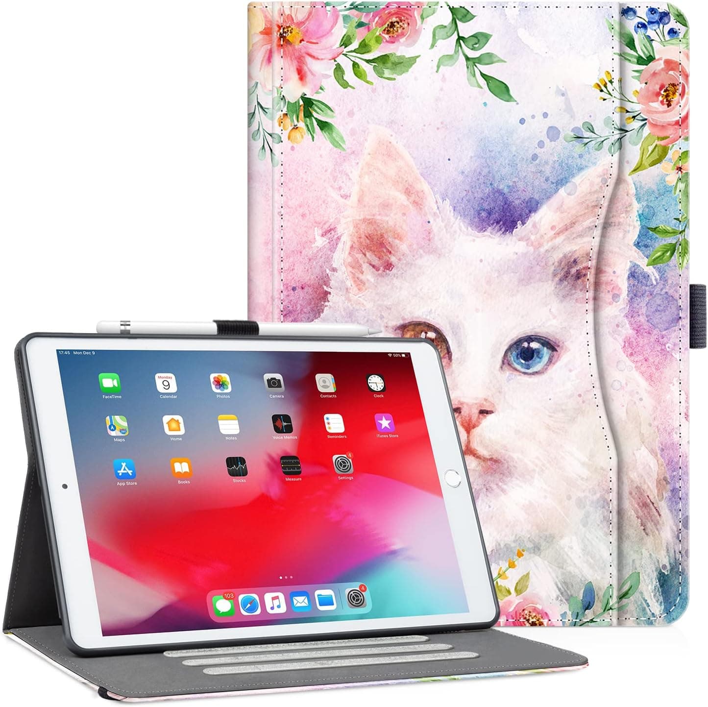 Vimorco Case for ipad 10.2 inch 7th 8th 9th Generation 2019 2020 2021, Multi-Angle Stand, Auto Wake/Sleep with Pocket, Hand Strap with Pencil Holder Smart Cover for Apple ipad 10.2 (White Cat)