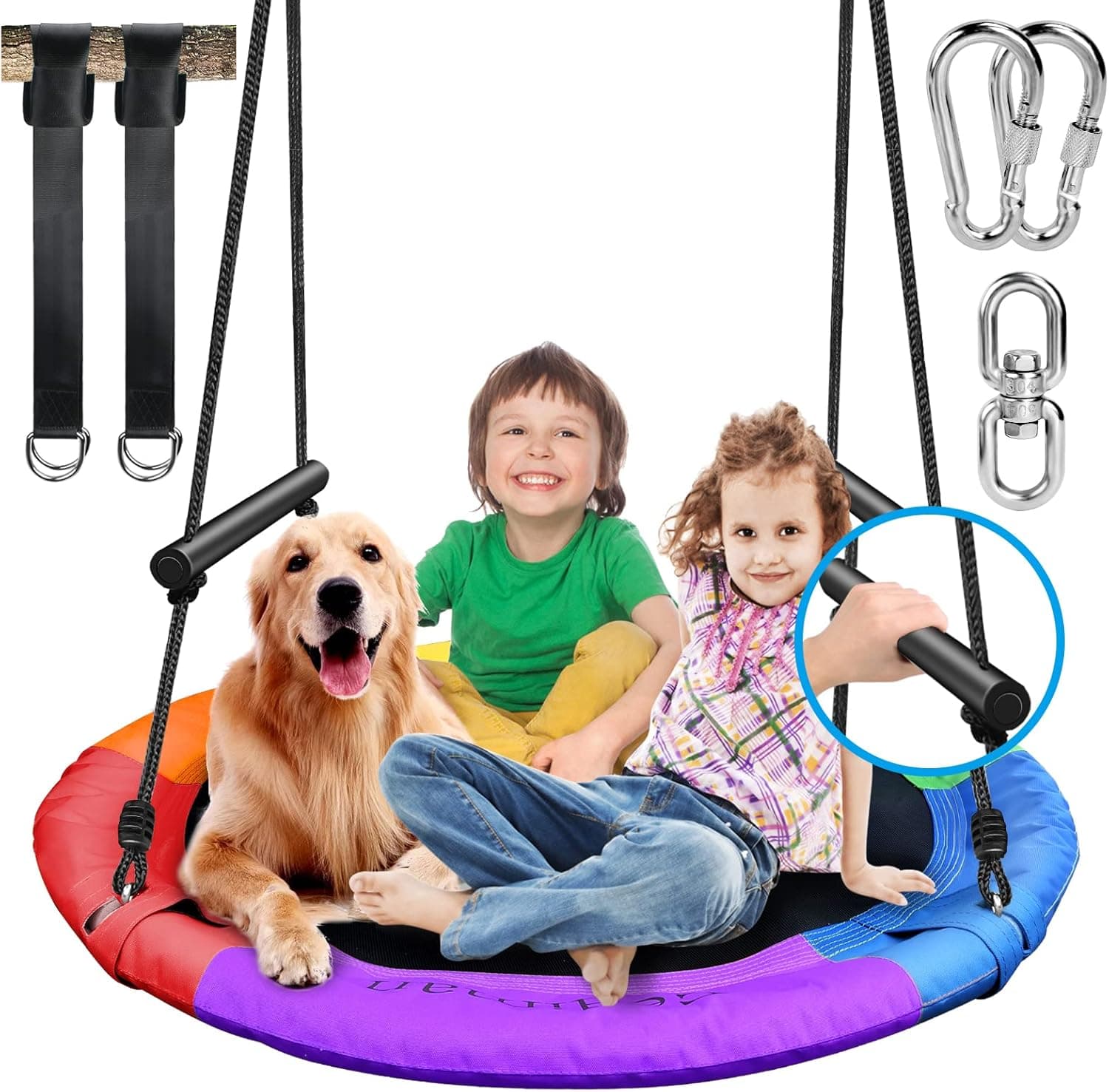 700lb 40" Saucer Tree Swing for Kids Adults, 900D Durable Oxford Swing, 2 Foam Handles for Safety, 2pcs 10ft Tree Straps, 2 Carabiners, 1 Swivel, Steel Frame, Waterproof Round Swing Outdoor