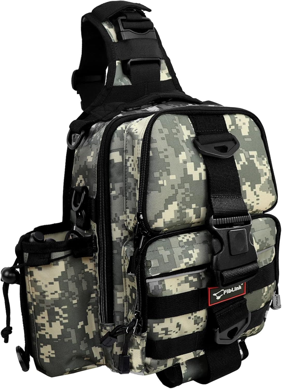 Fiblink Fishing Tackle Backpack Water-resistant Fishing Bag Fishing Storage Pack with Rod & Gear Holder Fishing Shoulder Crossbody Sling Bag for Camping, Hiking, Outdoor Sport (Digital Camouflage)