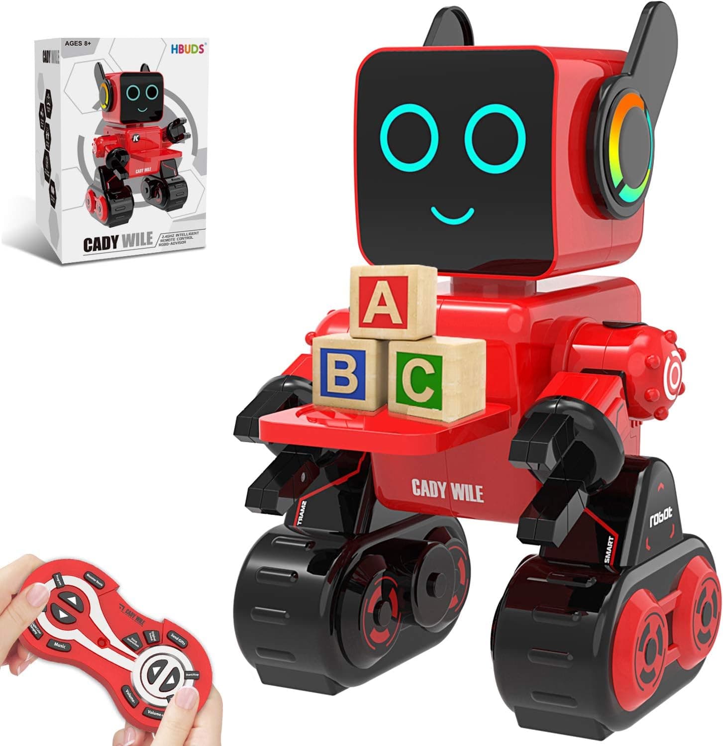 HBUDS Robots for Kids, Remote Control Robot Toy Intelligent Interactive Robot LED Light Speaks Dance Moves Built-in Coin Bank Programmable Rechargeable RC Robot Kit (Red)