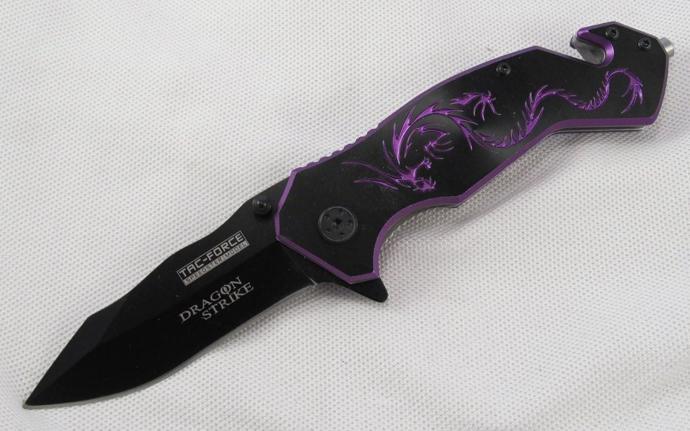 Spring Assisted Black Engraved Purple Dragon Folder Pocket Knife