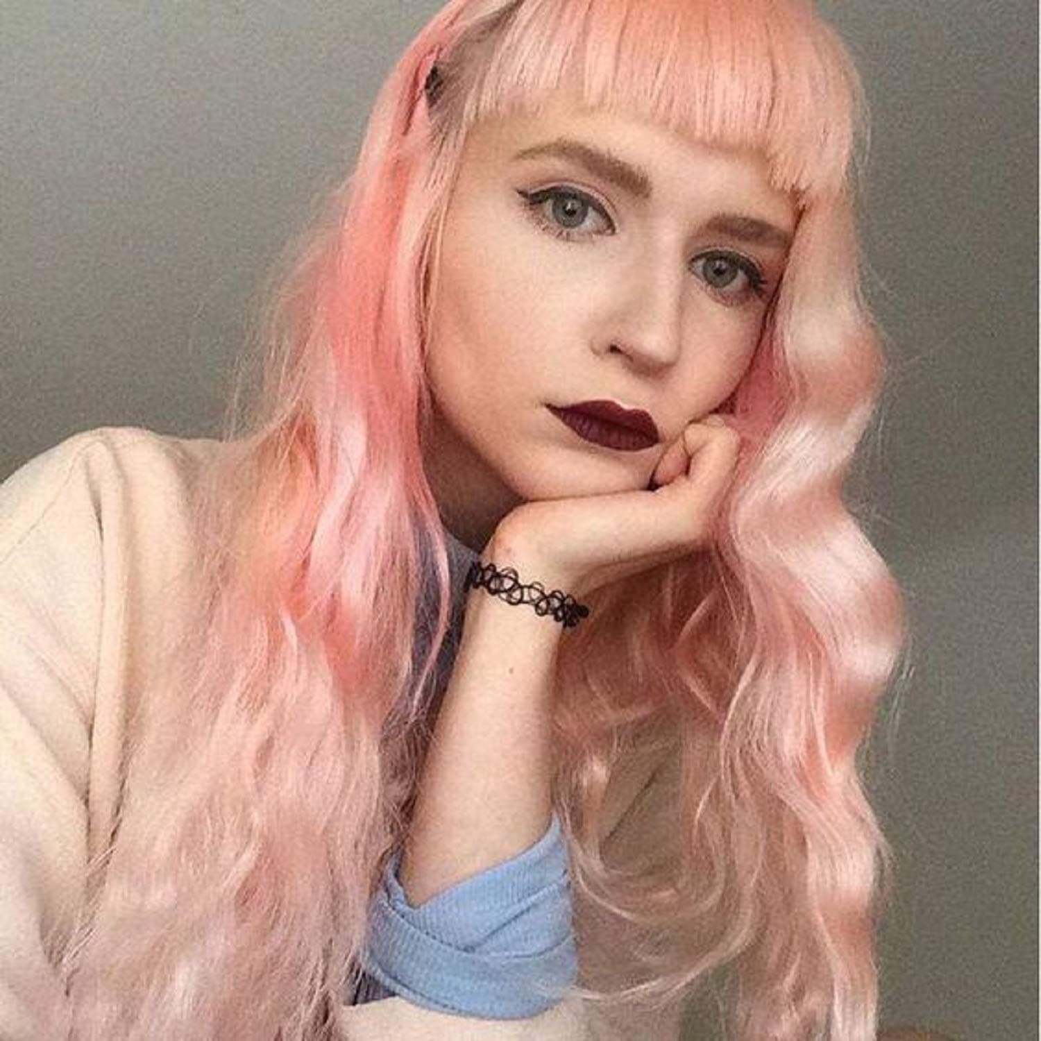N&T Long Wavy Wig With Air Bangs Silky Full Heat Resistant Synthetic Wig for Women - Natural Looking Machine Made Pink 26 inch Hair Replacement Wig for Party Cosplay Body Wavy