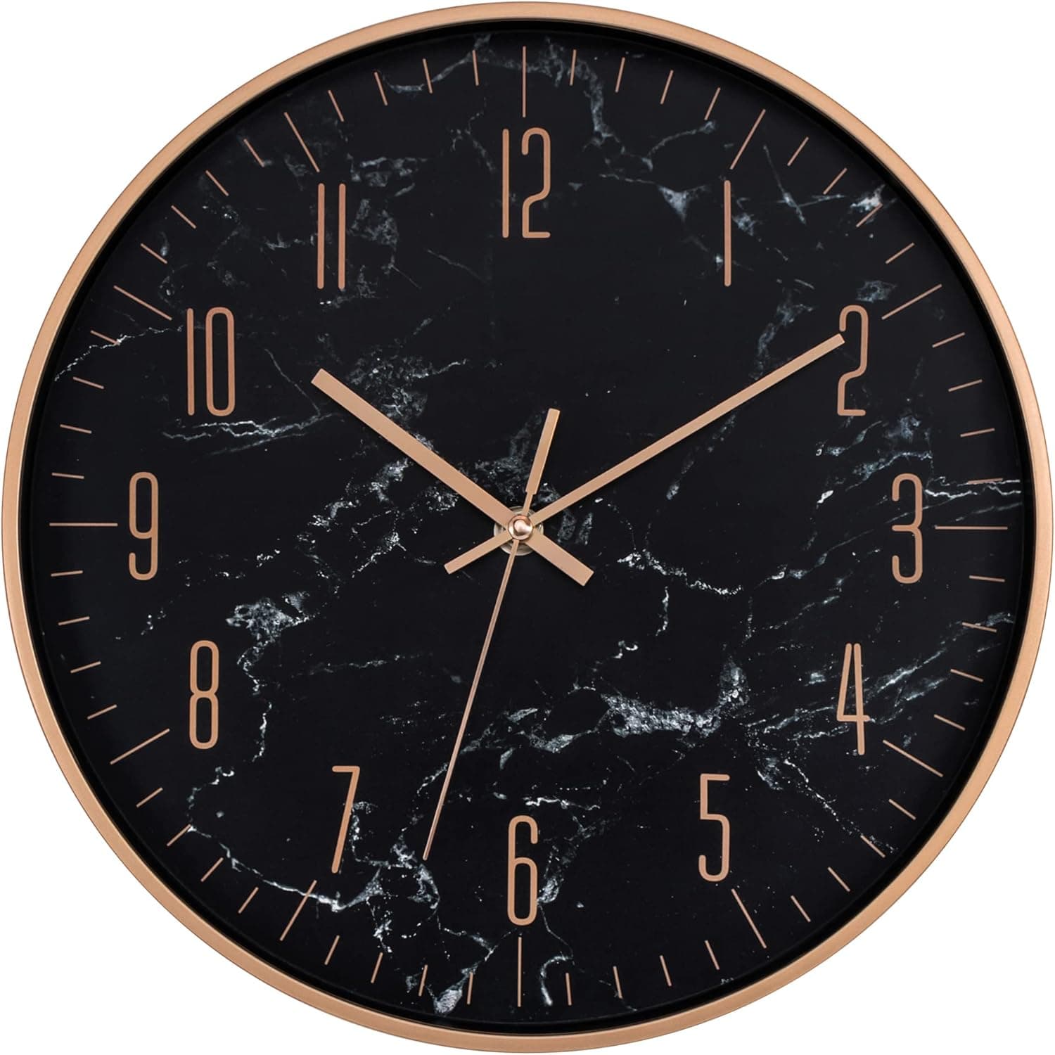 Lumuasky Black Modern Wall Clock, 12 Inch Silent Non-Ticking Battery Operated Rose Gold Decorative Clock for Living Room Bedrooms Kitchen Office (Marble Dial)