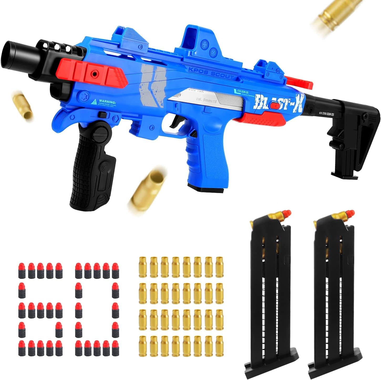 IZOKEE Combination Soft Bullet Toy Gun for Boys, Soft Foam Bullets, Empty Shell Ejecting Design, 2 Modes Blasting Toy Foam Blaster with 60 Bullets, 2 Magazines, Gifts for Boys Girls Birthday Christmas