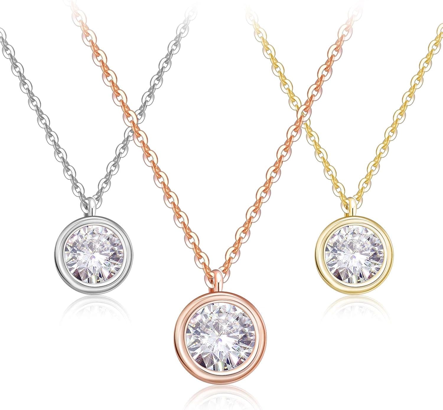 ZRO 3-Pack AAA CZ Necklaces with Gift Box, Round Cut Cubic Zirconia Crystals Pendant Chocker Necklace for Girls and Women