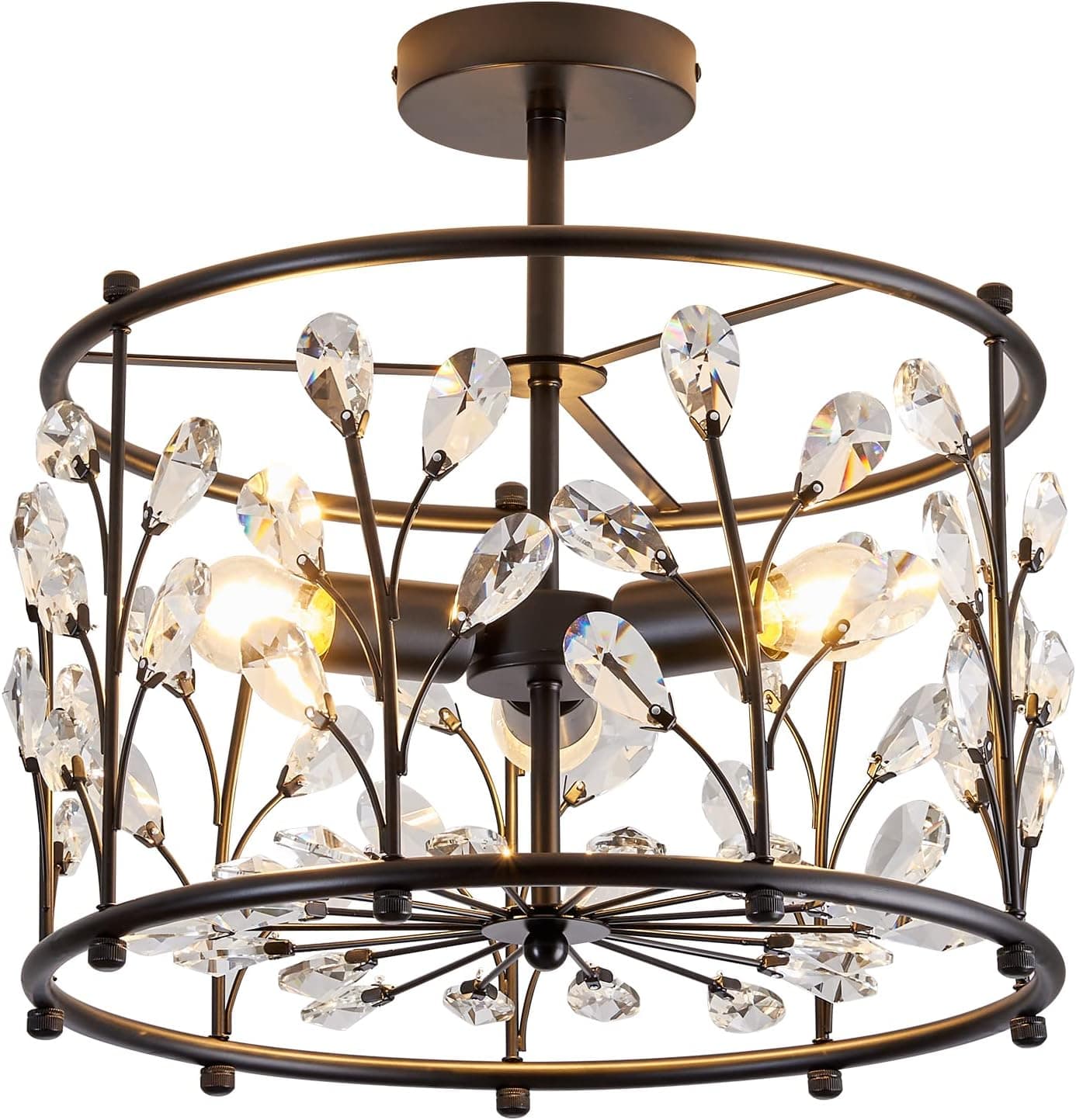 VCJYXZC 3-Light Crystal Semi Flush Mount Ceiling Light Fixtures,Modern Black Chandelier E26 Lighting for Dining Room Bedroom Hallway Farmhouse Living Room Kitchen Bathroom Entryway.