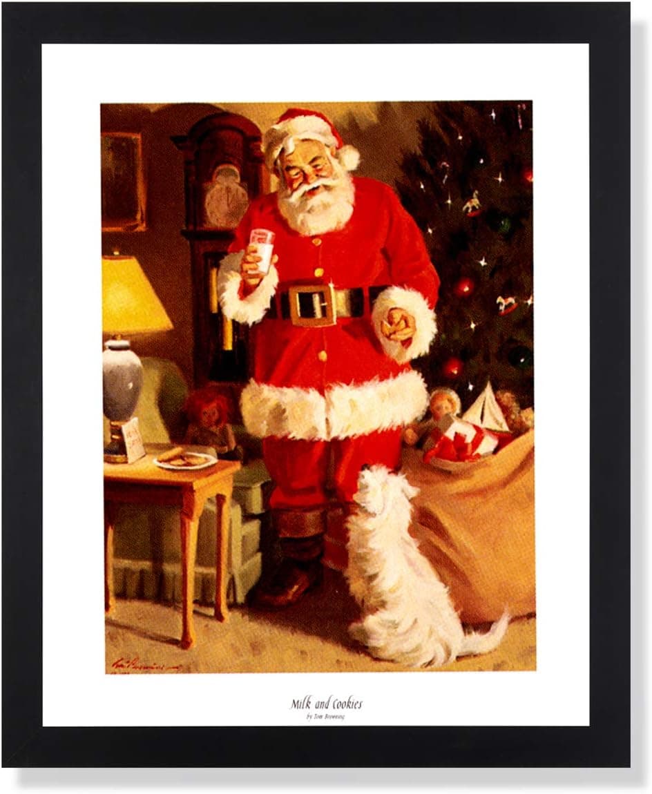 Old St Nick Santa Clause Milk & Cookies Tom Browning #4 Christmas Art Print Black Frame + Glass 19x23 Perfect for Festive Holiday Fireplace Mantel