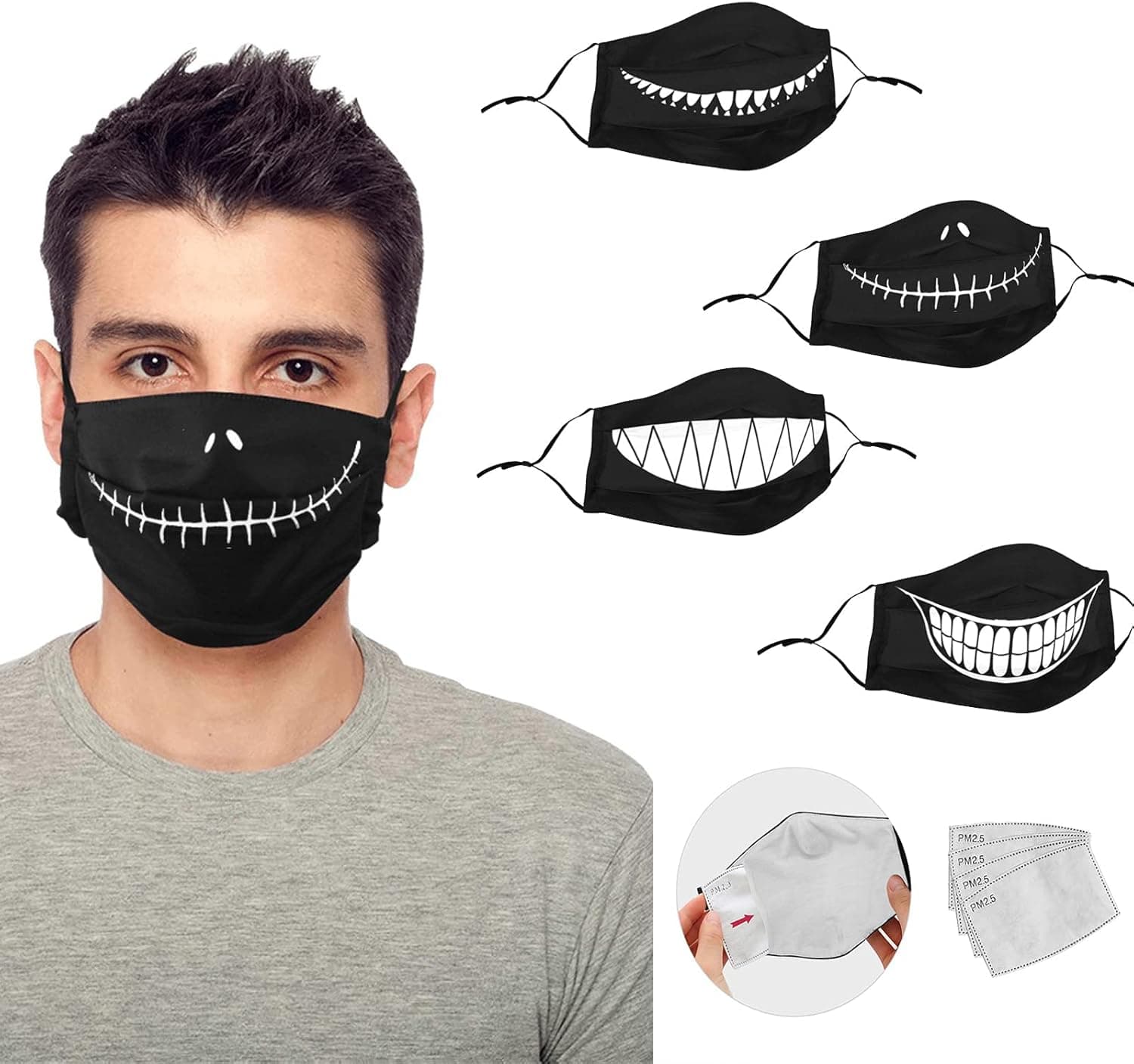 4pcs Devil Teeth Fashion Face Cover Cotton Mask with 4 Filter Pocket Unisex for Women Kids Masks, Pack of 4