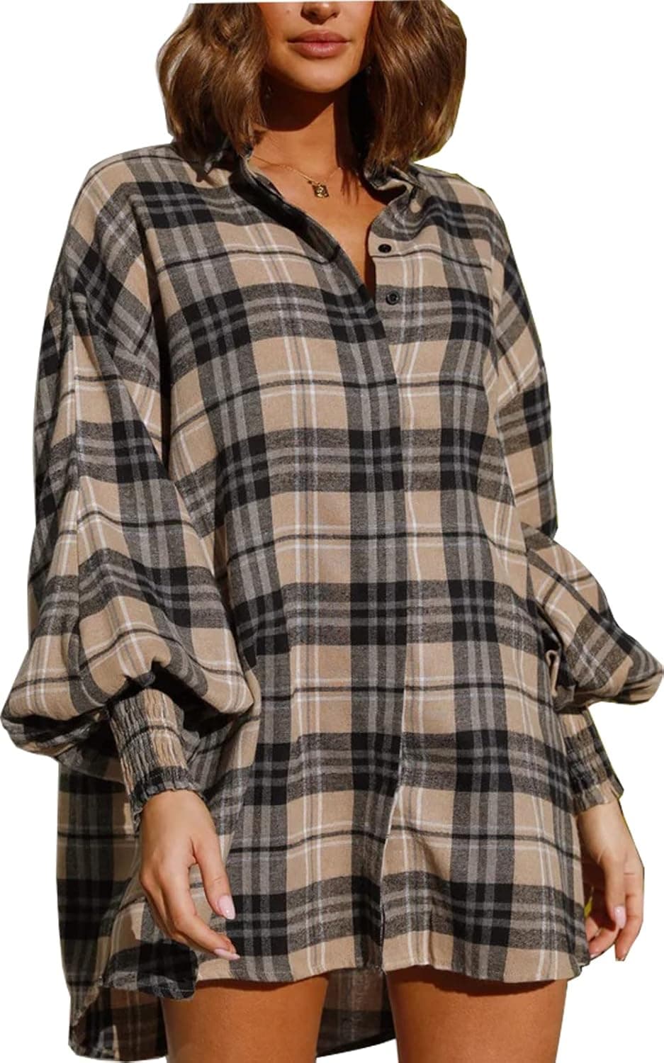 BWQ Women’s Plaid Shirts Long Lantern Sleeve Button Down Casual Shirt Dress Oversized Boyfriend Blouse Tops