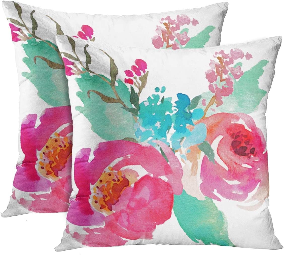 Emvency Set of 2 Throw Pillow Cover Flowers Watercolor Peonies Pink Turquoise Summer Girly Decorative Pillow Case Home Decor Square 18 x 18 Inch Pillowcase