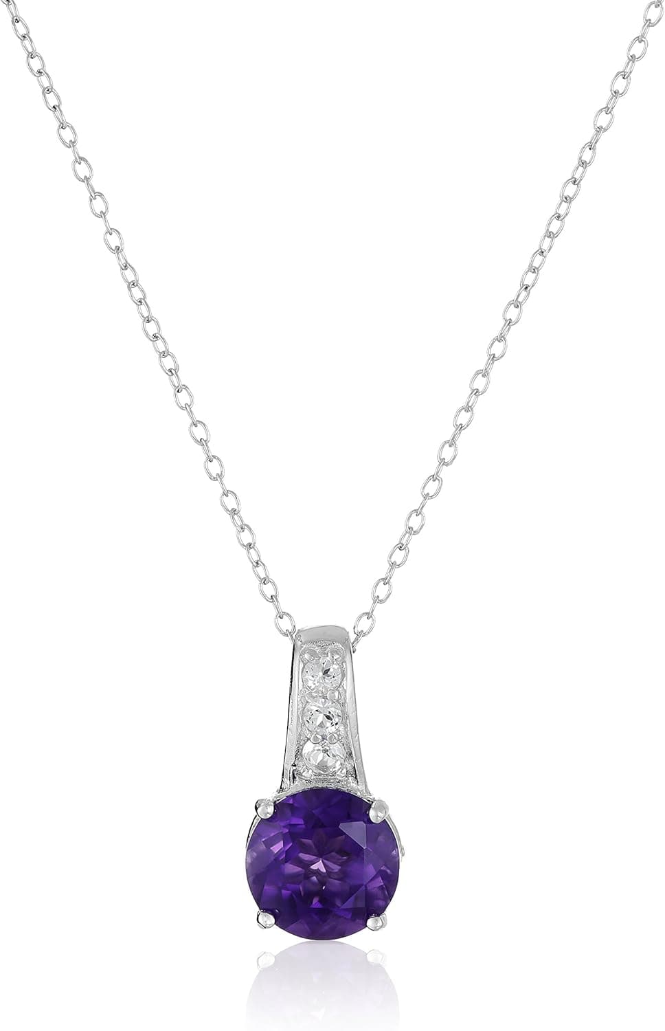 Amazon Collection Rhodium Plated Sterling Silver Round African Amethyst and White Topaz Pendant Necklace, 18"