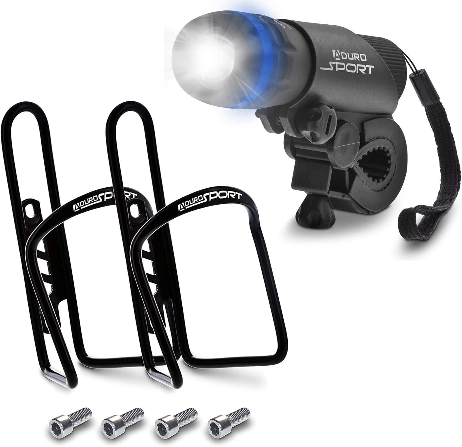 Aduro Bike Water Bottle Holder Aluminum Cage (2 Pack) + Bike Headlight Bundle, Fits Any Bike with Easy Installation, Portable & Adjustable, Doubles as Flashlight