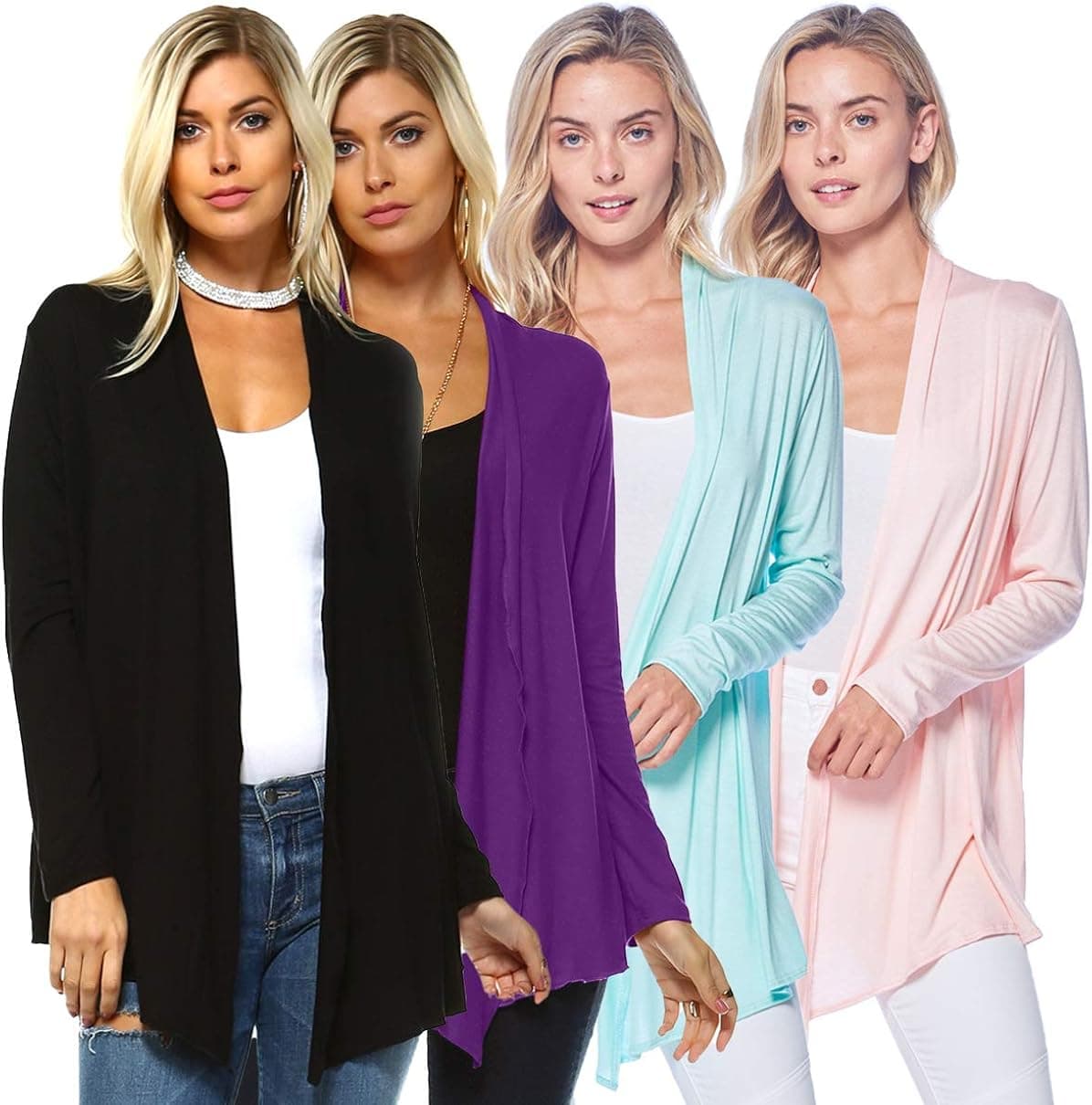Isaac Liev 4-Pack Women’s Open Front Lightweight Casual Flyaway Cardigan (Mint, Purple, Pink & Black, X-Large)