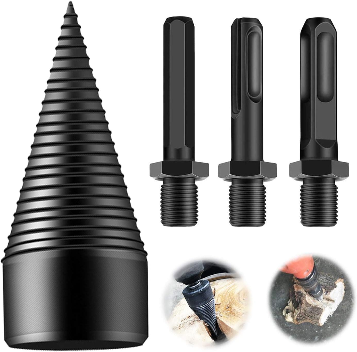 Firewood Drill Bit Wood Splitter, Wood Splitter Drill Bit, Removable Firewood Drill Bit for Log Splitter Kindling Splitter (1 Drill, 32mm and 3 handles, Round Square Hex Shank)