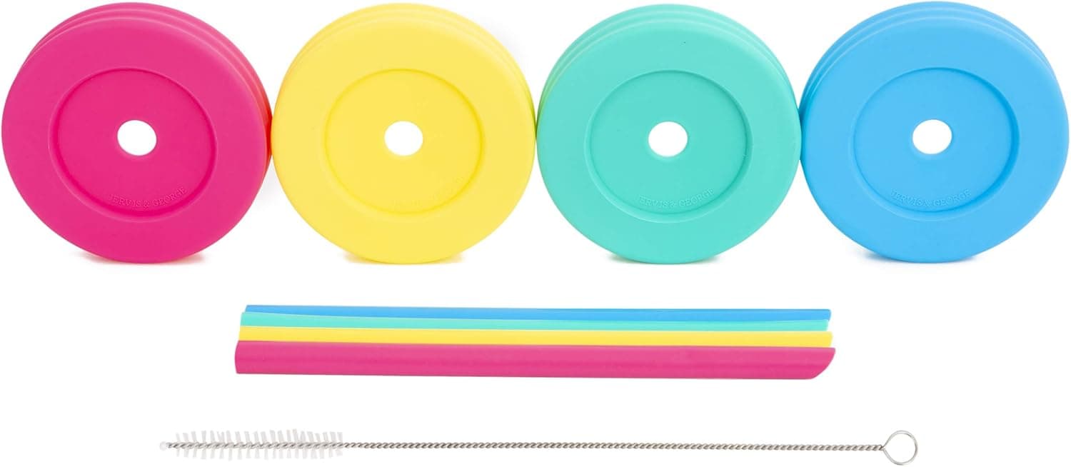 Elk and Friends Wide Mouth Mason Jars Lids with Straw hole, Plastic, Reusable, No Rust, Less Spills for Toddlers & Kids, BPA Free, 4 Pack