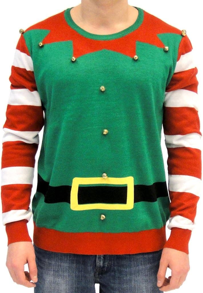 Ugly Christmas Sweater Elf with Bells Adult Green and Red Costume Sweater