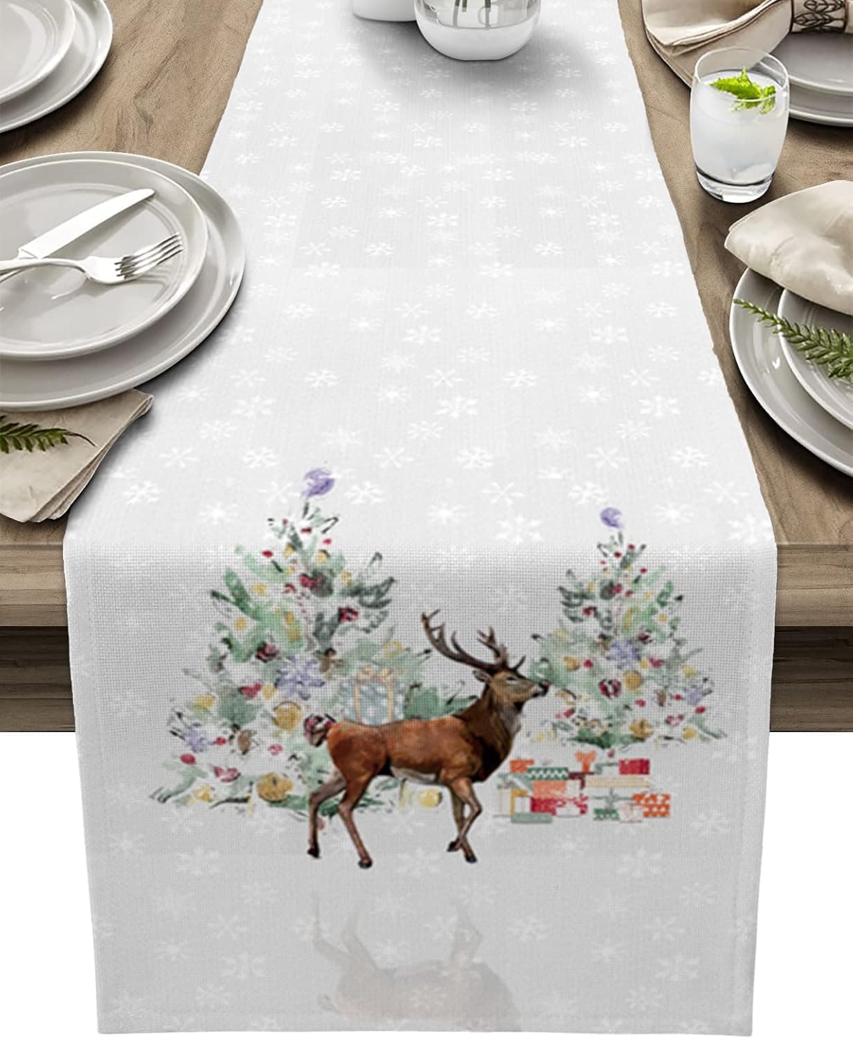 Modern Art Minimalism Table Runner 13x48 Inch Long Table Runners for Dining Room, Christmas Elk with Xmas Trees Table Runners Kitchen Dining Table Decoration for Indoor Outdoor Home Party Decor