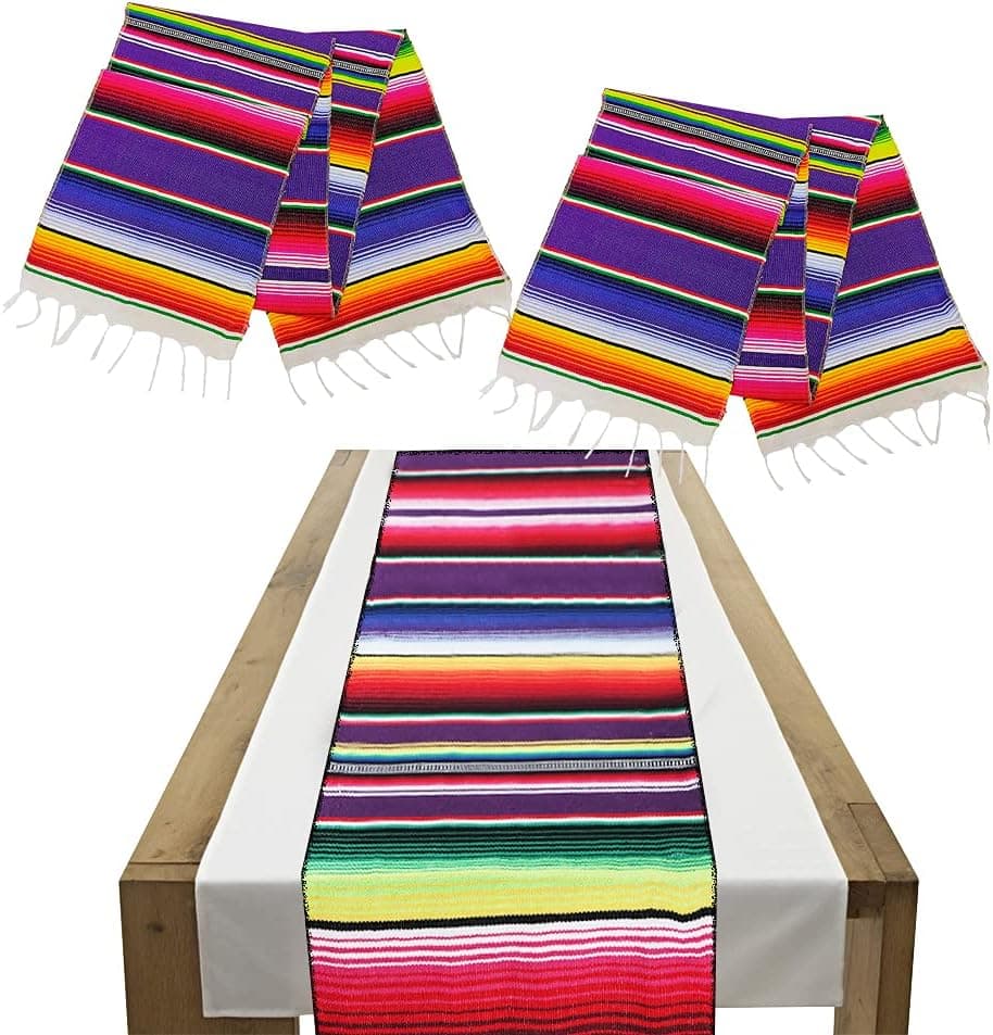 2 Pack Mexican Table Runner 14 x 84 Fringe Cotton Handwoven Table Runner Colorful Mexican Tablecloth Runner for Wedding Party Kitchen Home Decor