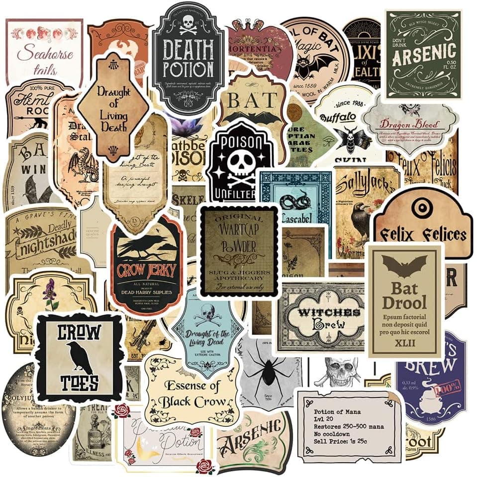 100pcs Potion Label Stickers,Halloween Bottle Labels Apothecary Stickers Decoration for Party Supplies,Waterproof Vinyl Vintage Decals for Laptop Luggage Skateboard Computer