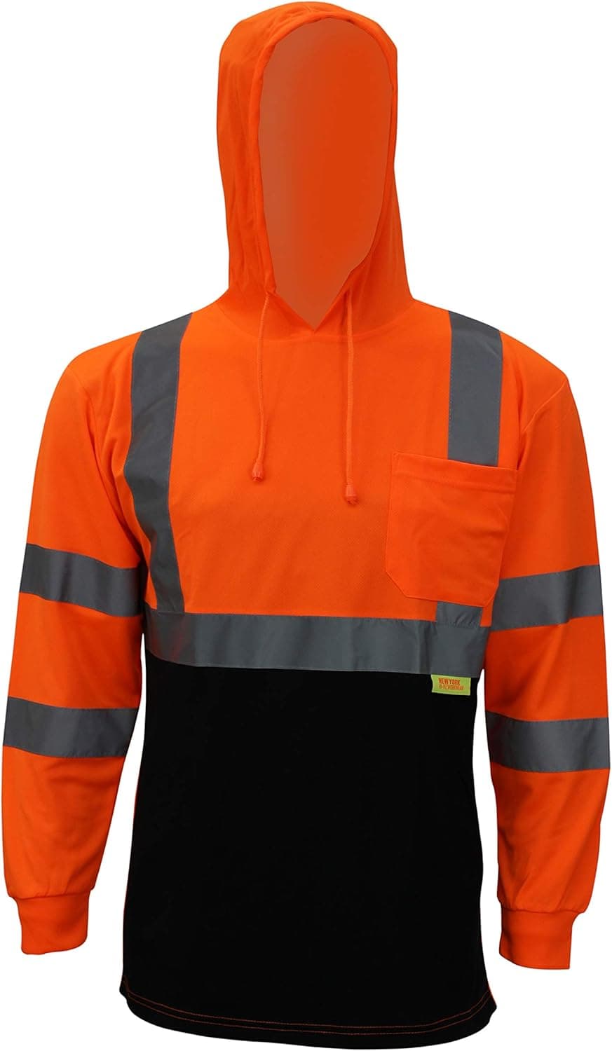 New York Hi-Viz Workwear BFLH6511 High-Visibility Class 3 Long Sleeve T-Shirt, Moisture Wicking Mesh Birdseye, With Black Bottom and Hood (Medium, Orange, 1EA)