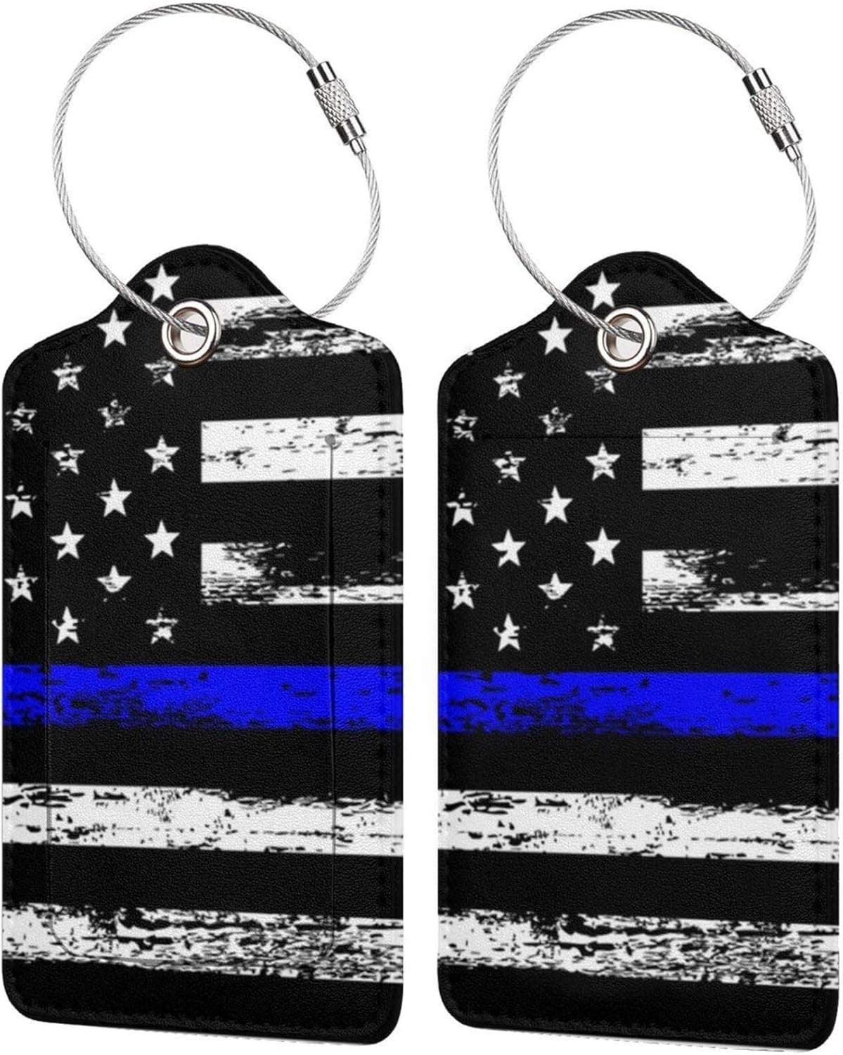 Thin Blue Line American Flag Leather Luggage Tags for Women 2 Pack Travel Bag Suitcase Labels with Stainless Steel Loop ID Tags Card Baggage Bag Label with Full Back Privacy Cove