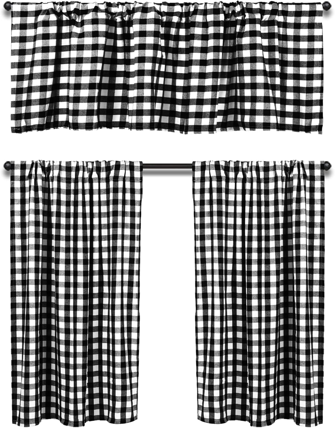 HTFDStar 3PCS Curtain, Black and White Kitchen Curtain, Kitchen Curtains Set,Valances for Kitchen, Buffalo Plaid Curtains, Farmhouse Kitchen Curtains (58Wx15L, 29Wx36L)
