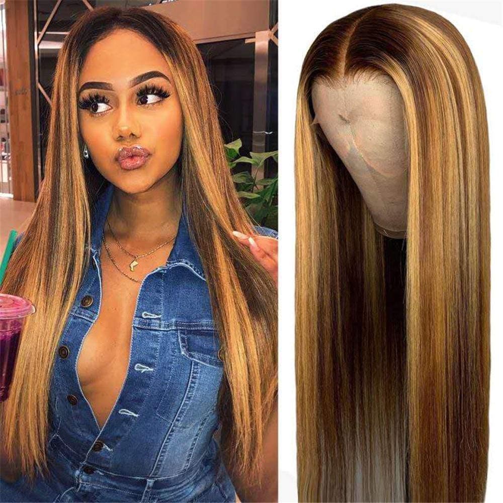 Long 13X1 Deep Part HD Transparent Lace Front Human Hair Wig Straight Highlight Brown Honey Blonde Color Hair Pre Plucked Brazilian Virgin Hair Wigs with Baby Hair 150% Density Bleached Knots 22 Inch