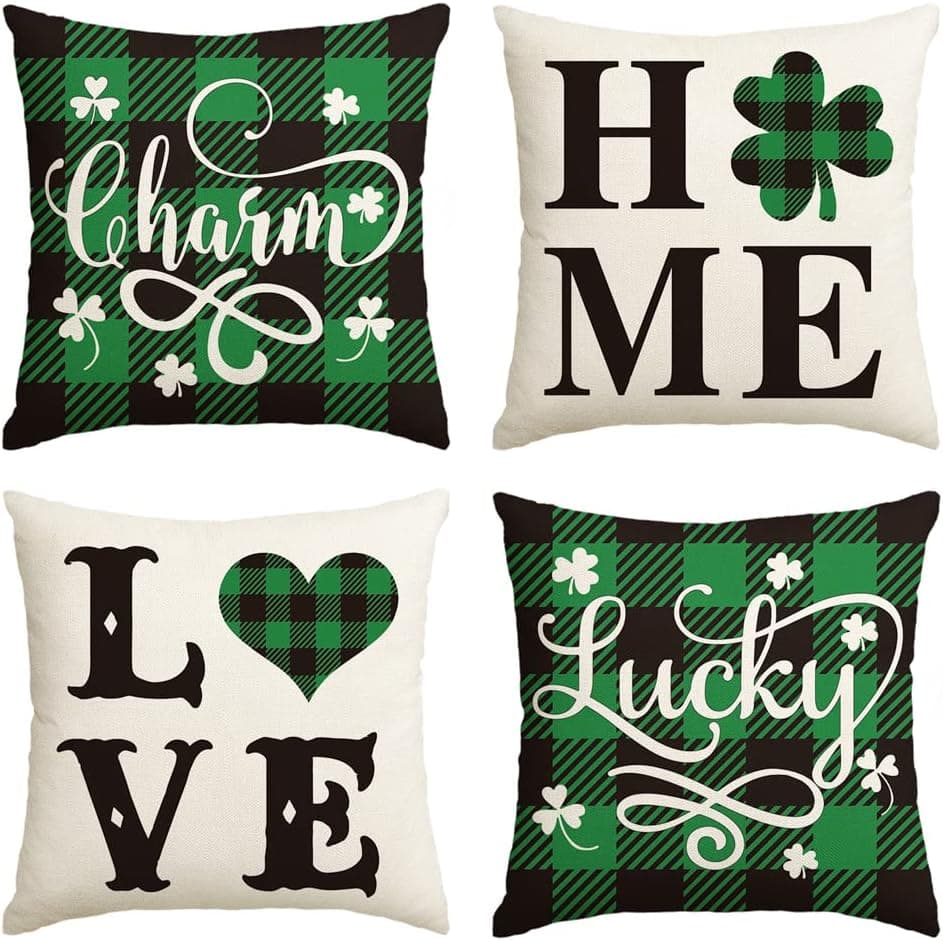 AVOIN colorlife ST Patricks Day Buffalo Plaid Love Home Clover Throw Pillow Covers, 20 x 20 Inch Lucky Charm Shamrocks Decoration for Sofa Couch Set of 4