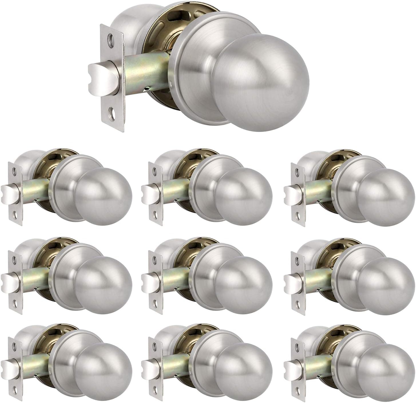 Knobonly 10 Pack Hall/Closet Satin Nickel Finish Door Knobs Without Keys Ball Shape Door Sets