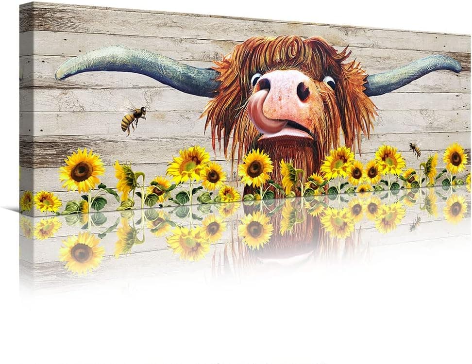 Blueyearn Cow Wall Art Sunflower Bee Highland Cow Canvas Wall Art Cow Print Farmhouse Wall Decor Funny Country Cow Decor Vintage Rustic Home Decor For Bedroom Living Room Office 6x17 Inch