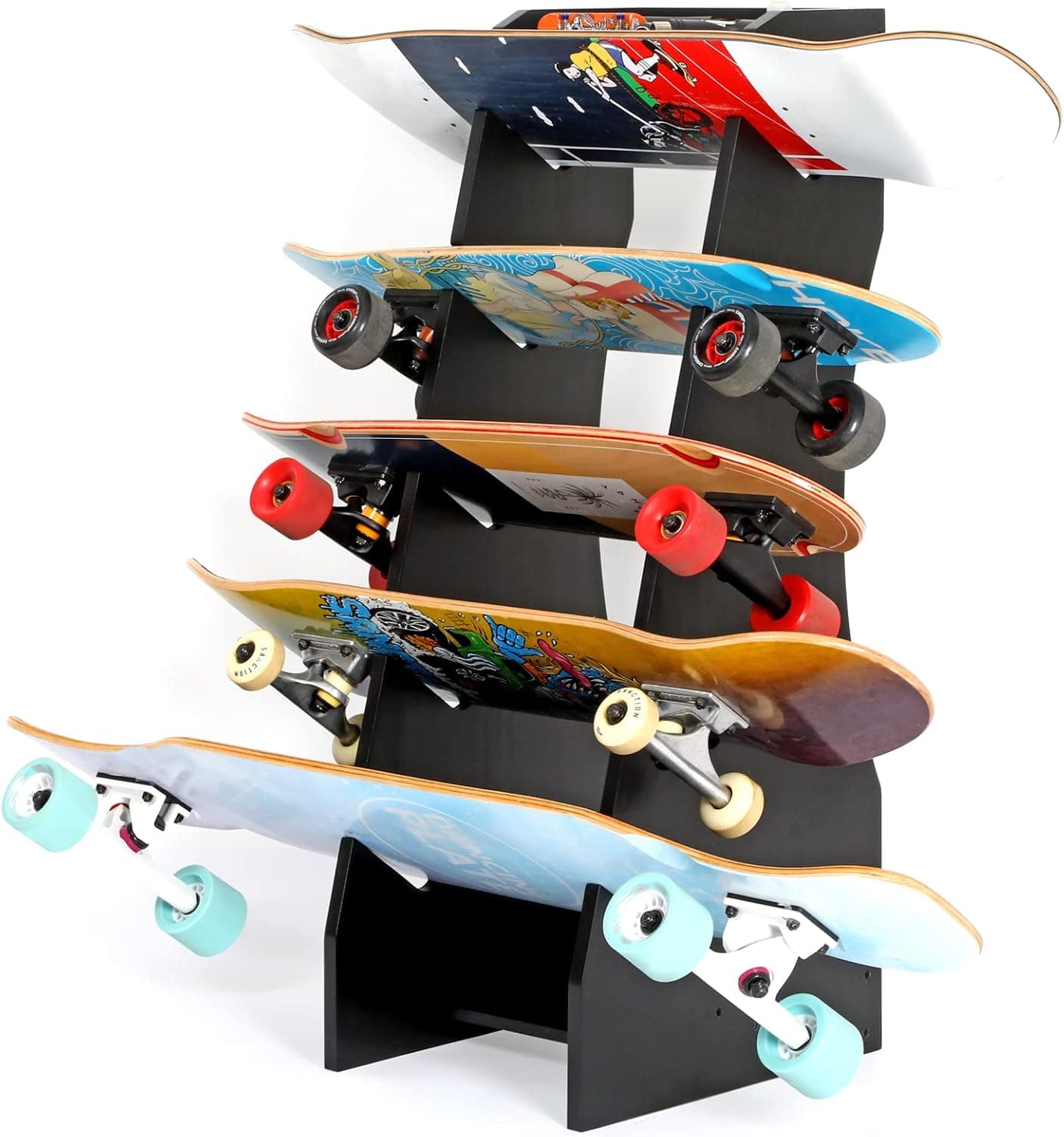 AHOWPD Skateboard Racks Floor Stand, Five-Layer Skateboard Holder,Skateboard Storage Racks for Deck, Longboard, Standard Skateboards, Mini Cruiser Skateboard (Needn't to Punch Holes to Damage Wall)