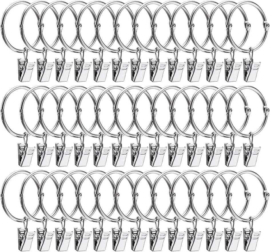 36PCS Curtain Rings with Clips, 1.26IN Interior Diameter Stainless Steel Metal Curtain Rings, Strong Metal Clips for Curtain, Shower Curtain and Art Display (Silver)