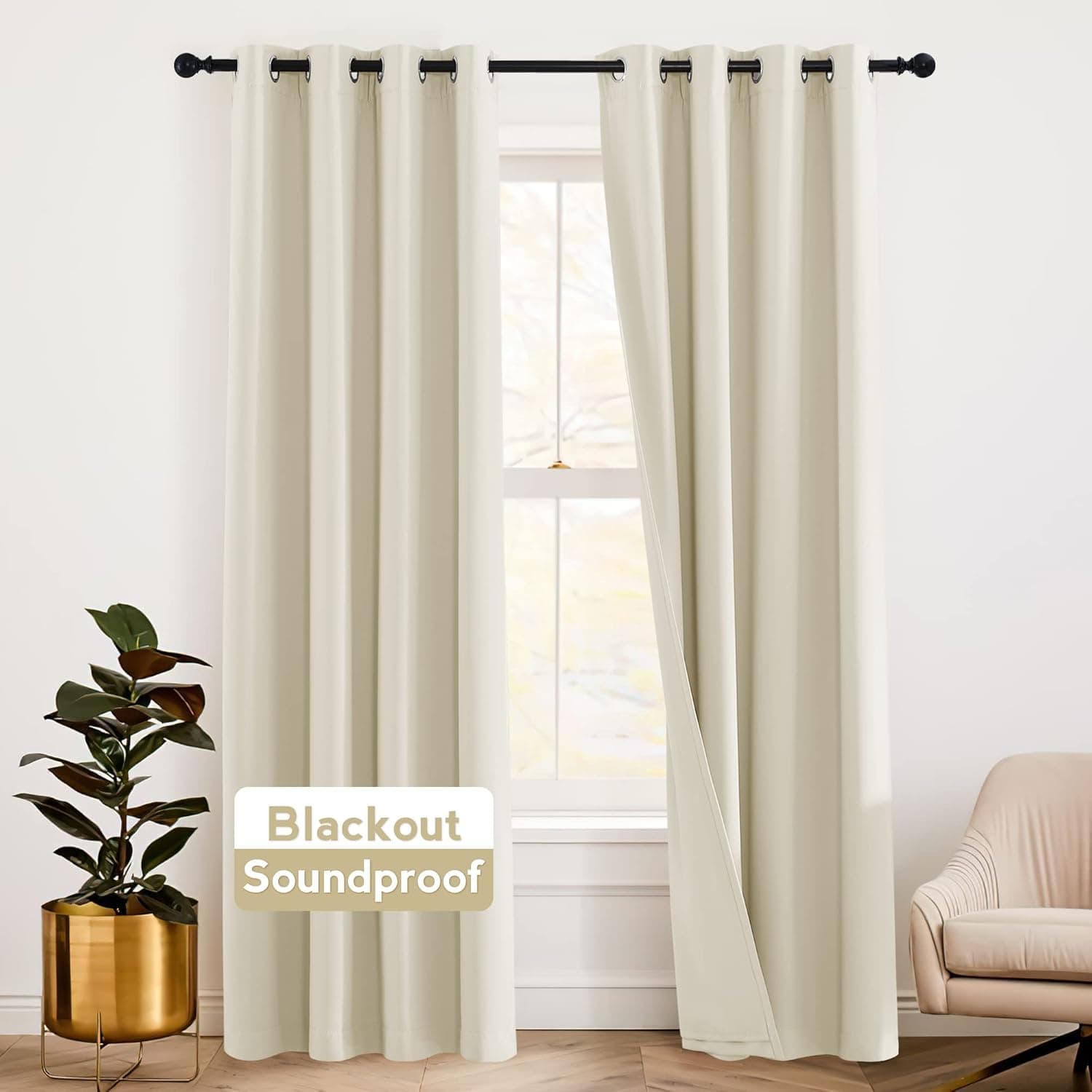 RYB HOME Soundproof Curtains for Bedroom - Totally Room Darkening 3 Layers Blackout Window Drapes Detachable Felt Liner Inside Noise & Draft Barrier for Living Room, W 52 x L 84, Beige, 1 Pair