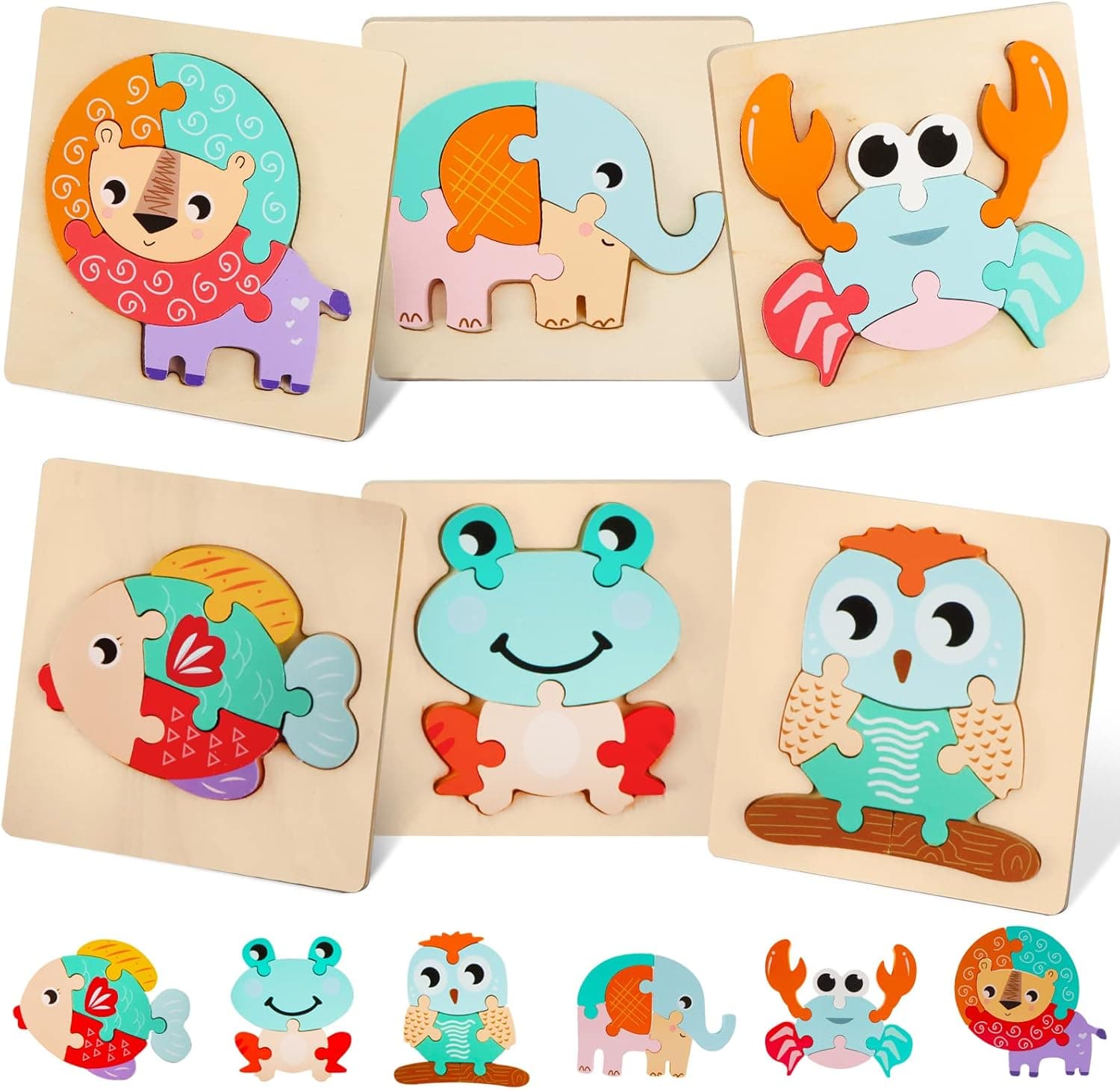 Wooden Puzzles for Toddlers, 6 Pack Wooden Animal Toddlers Puzzles Toys for Kids 1-3, Montessori Educational Fine Motor Skill Early Learning Gift for Boys and Girls Ages 1 2 3 4 5 Years Old