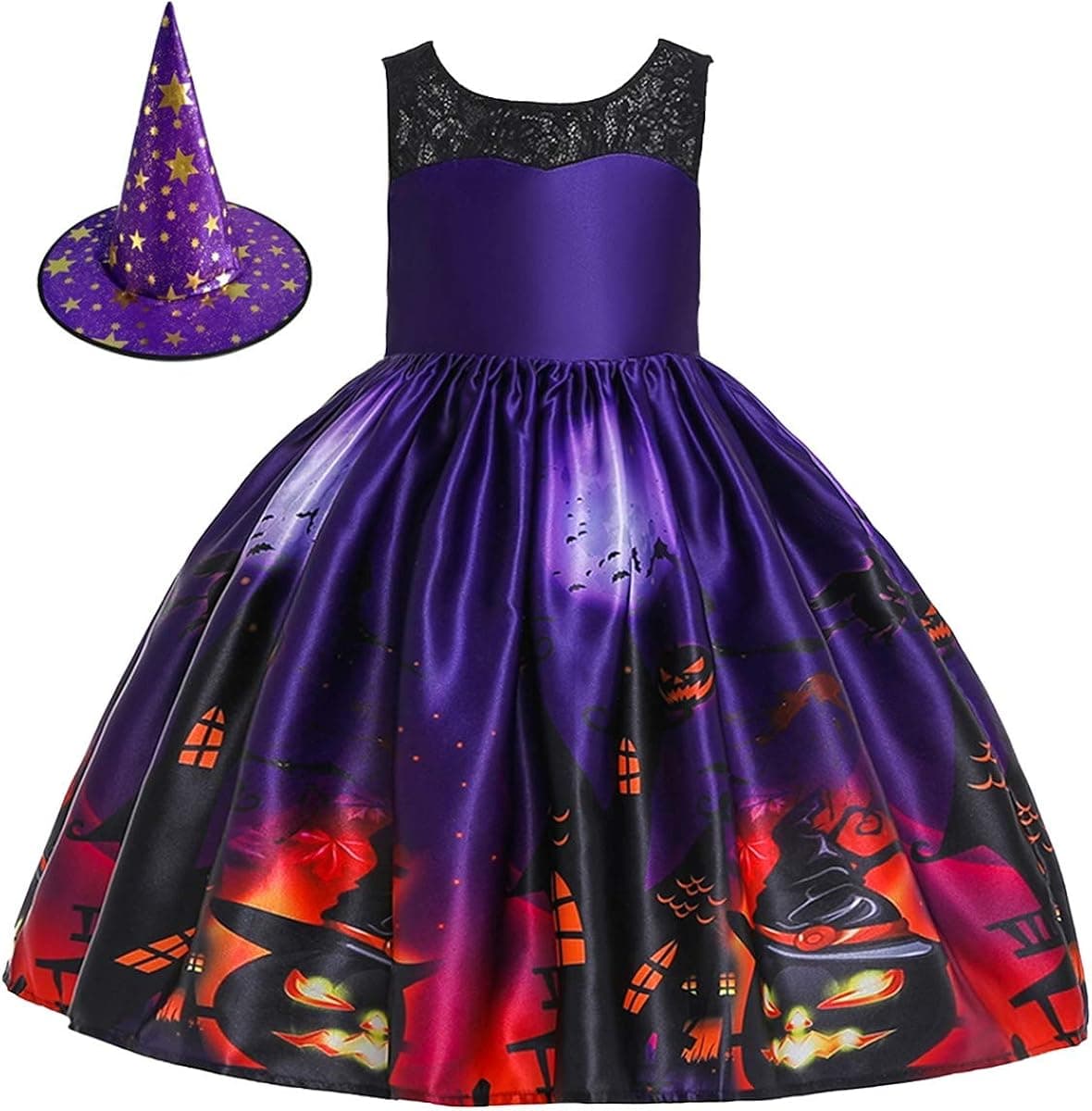 MYRISAM Kids Girls Halloween Costume Dress w/Witch Hat Ghost Pumpkin Skull Printed Fancy Dress Up Cosplay Party Outfits