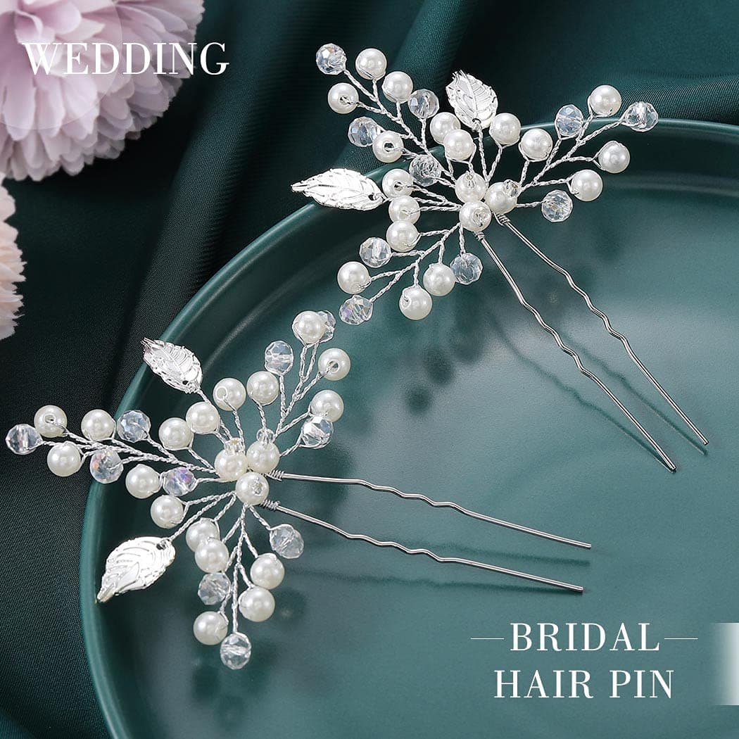 Yean Pearl Bride Wedding Hair Pins Silver Leaf Bridal Hair Pieces Hair Accessories Party Hair Clips for Women and Girls (Pack of 2)