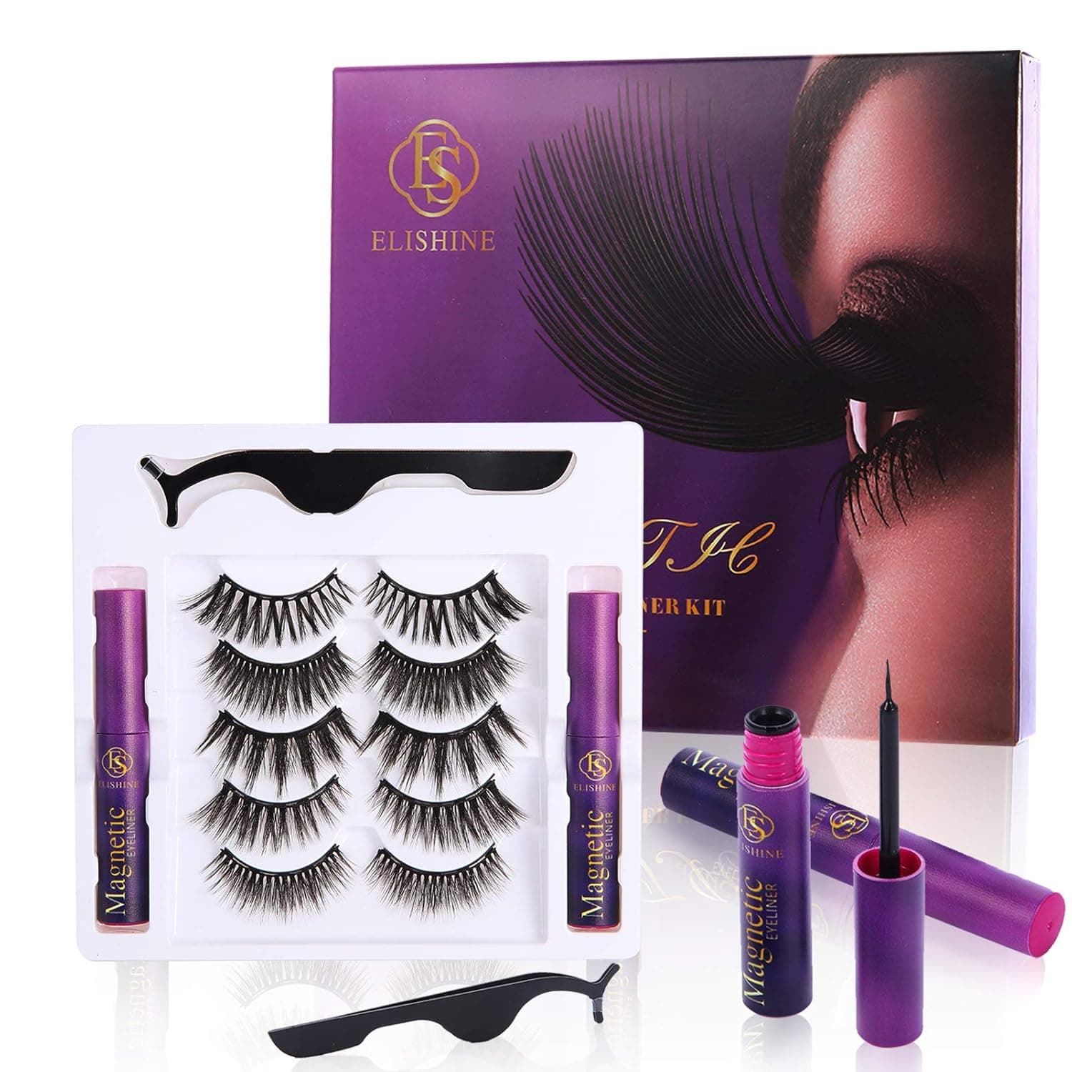ELISHINE Magnetic Eyelashes & Eyeliner Kit with Tweezers, 5 Pairs False Lashes Upgraded 3D 5D Long with Two Eyeliners, Sturdy, Reusable, Waterproof, Long Lasting, Perfect for Daily, Party, Wedding……