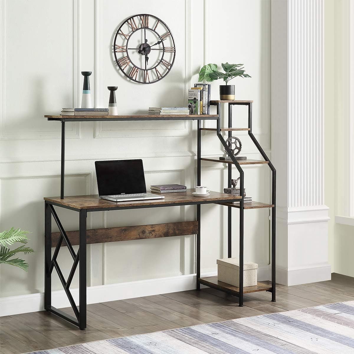 Henf Home Office Computer Desk with Hutch, Industrial Style Multipurpose PC Workstation with 5 Tier Bookshelves, Wood Laptop Writing Study Desk, Rustic Brown