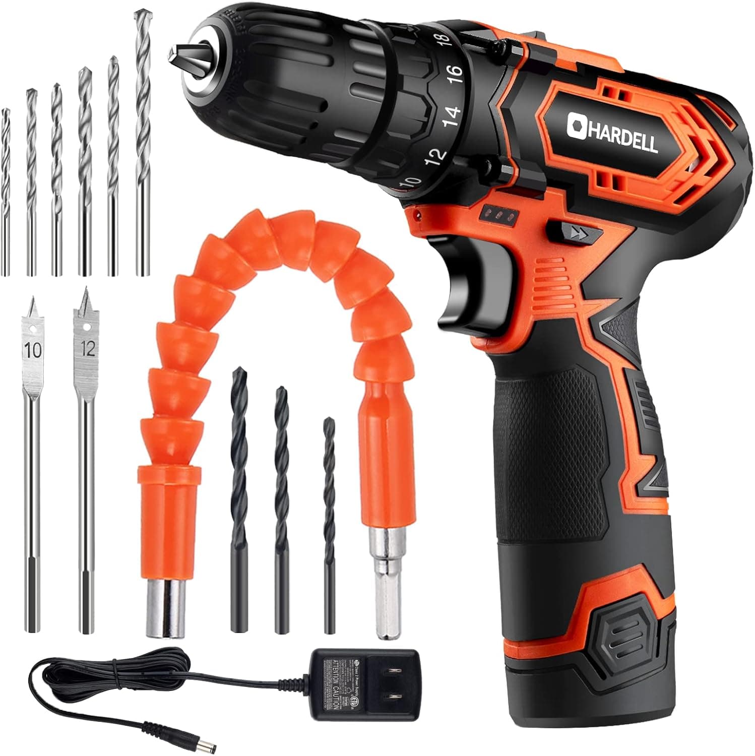 Cordless Drill 12V, HARDELL 2-Speed Power Drill Set with 13PCS Drill/Driver Bits, Electric Drill Kit with LED Light, 3/8" Keyless Chuck, 18+1 Torque Setting for Plastic, Wood, Screw, Metal(Orange)